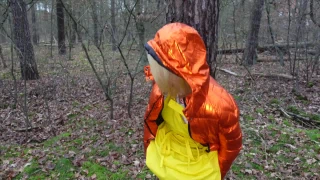 SandyFetish Horny solo in the forest with smock, rubber apron and down jacket