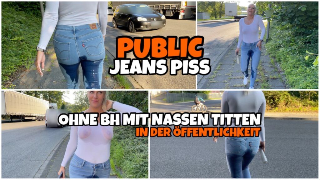 PUBLIC Jeans Piss | Ohne BH mit nassen Titten