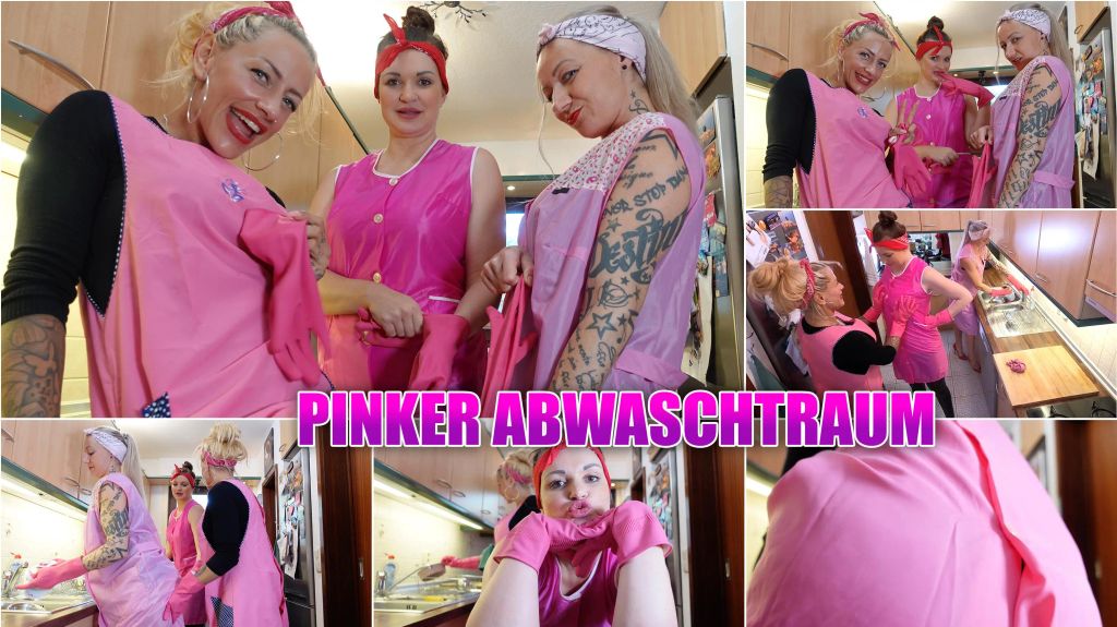 Pinker Abwaschtraum mit Kittel und Gummihandschuhen