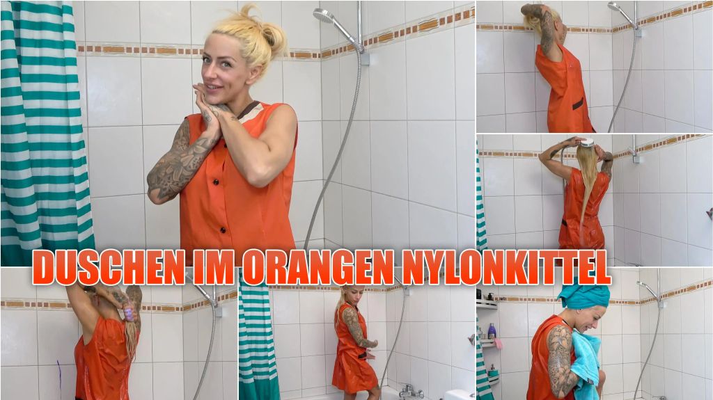 Duschen im orangen Friseur Nylonkittel - Wetlook Nylon