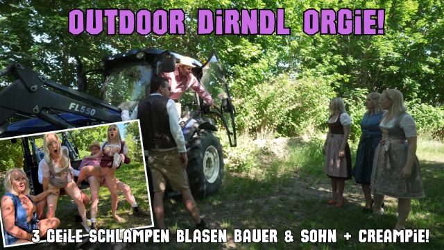 Outdoor Dirndl Orgie: 3 geile Schlampen blasen Bauer & Sohn